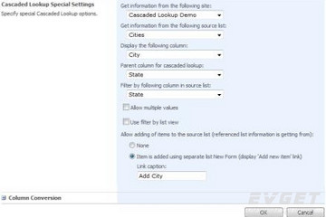 Cascaded Lookup Column預覽：Cascaded Lookup Column Settings