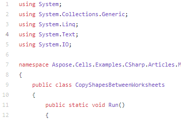 Aspose.Cells for .NET代码示例十四：CopyShapesBetweenWorksheets（CS）