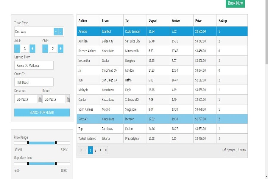 Essential Studio for JavaScript在線示例：Airline Reservation