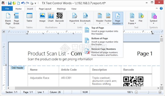 TX Text Control .NET,页眉页脚