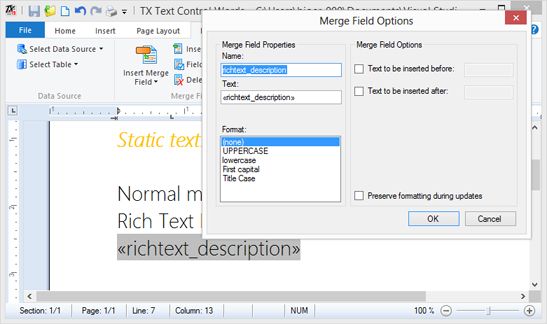 Text Control,MergeFields,格式化文本,合并