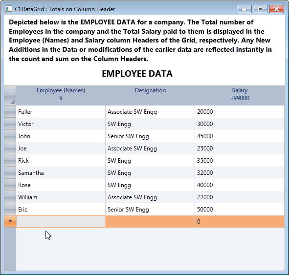 C1DataGrid for WPF使用技巧之表头展示合计信息