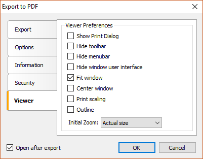 PDF导出设置窗口中的“阅览器（Viewer）”选项卡