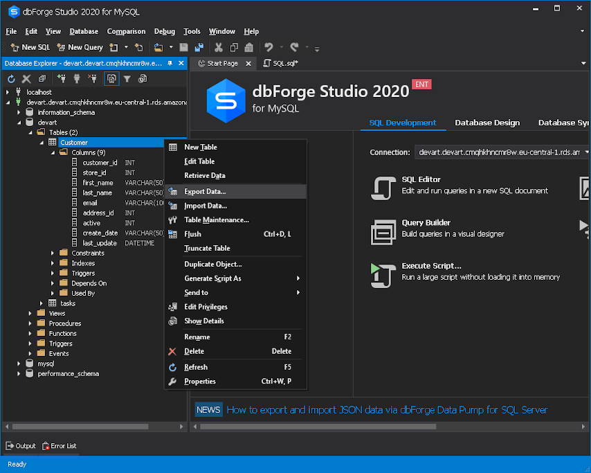 数据库管理工具dbForge Studio for MySQL使用教程：如何从Amazon RDS MySQL实例导出数据