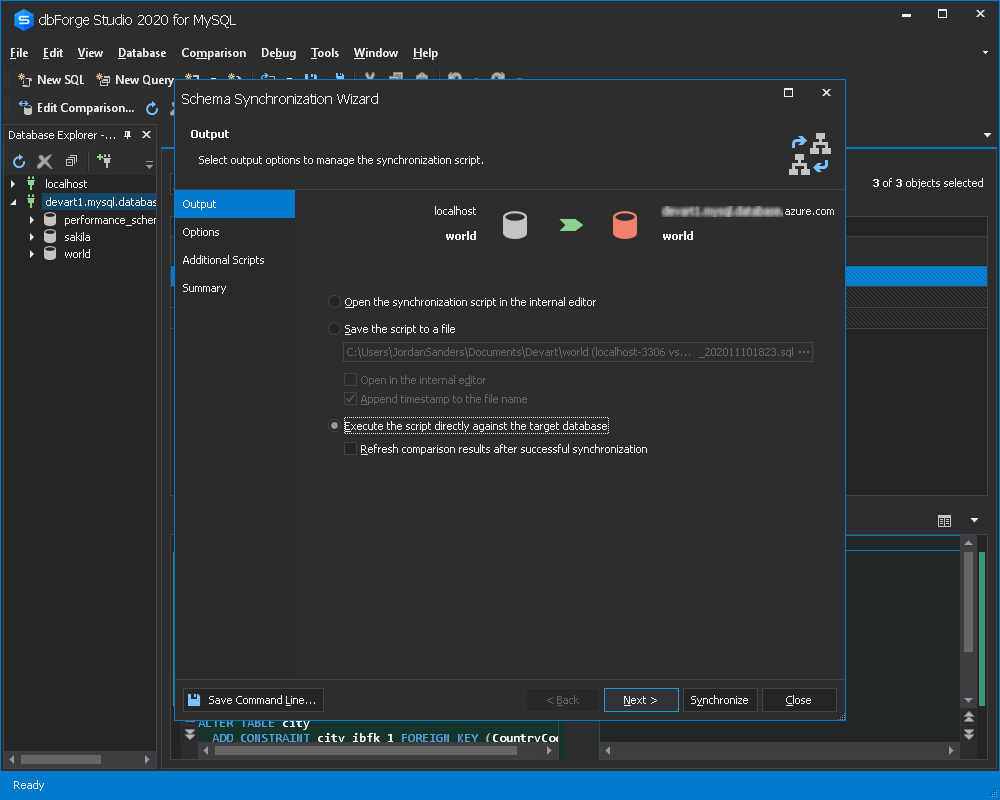 架构比较向导可将架构部署到Azure for MySQL