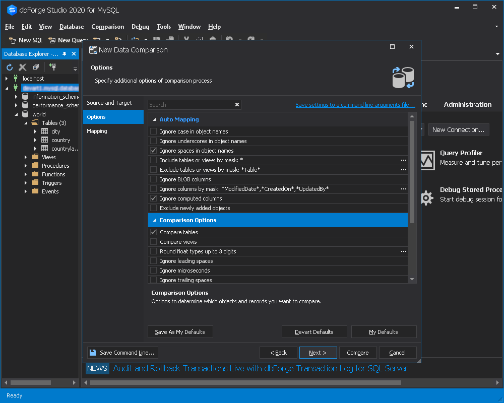 数据比较向导-Azure MySQL数据库