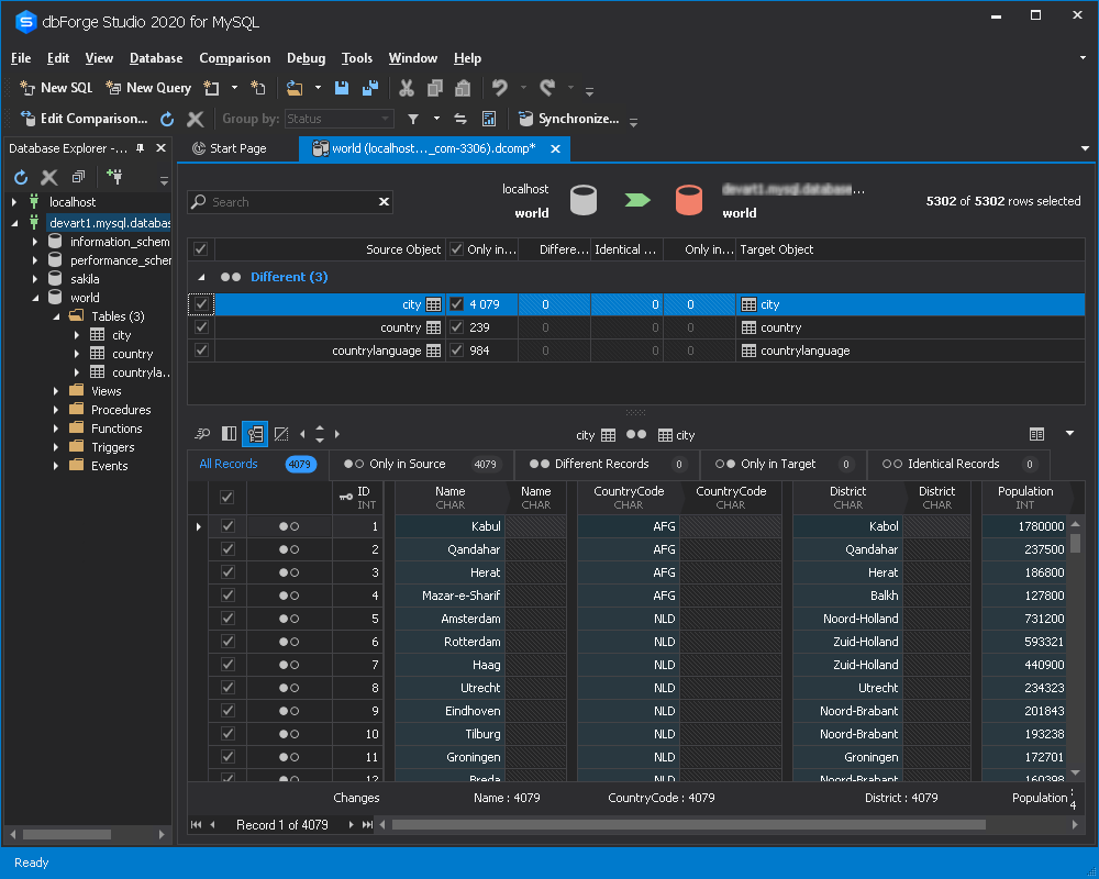 数据比较结果-Azure MySQL服务器