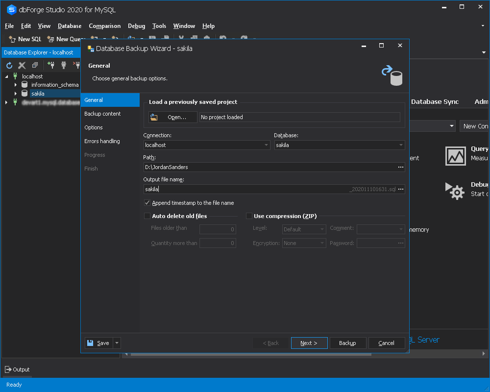 备份以将数据库移动到Azure MySQL