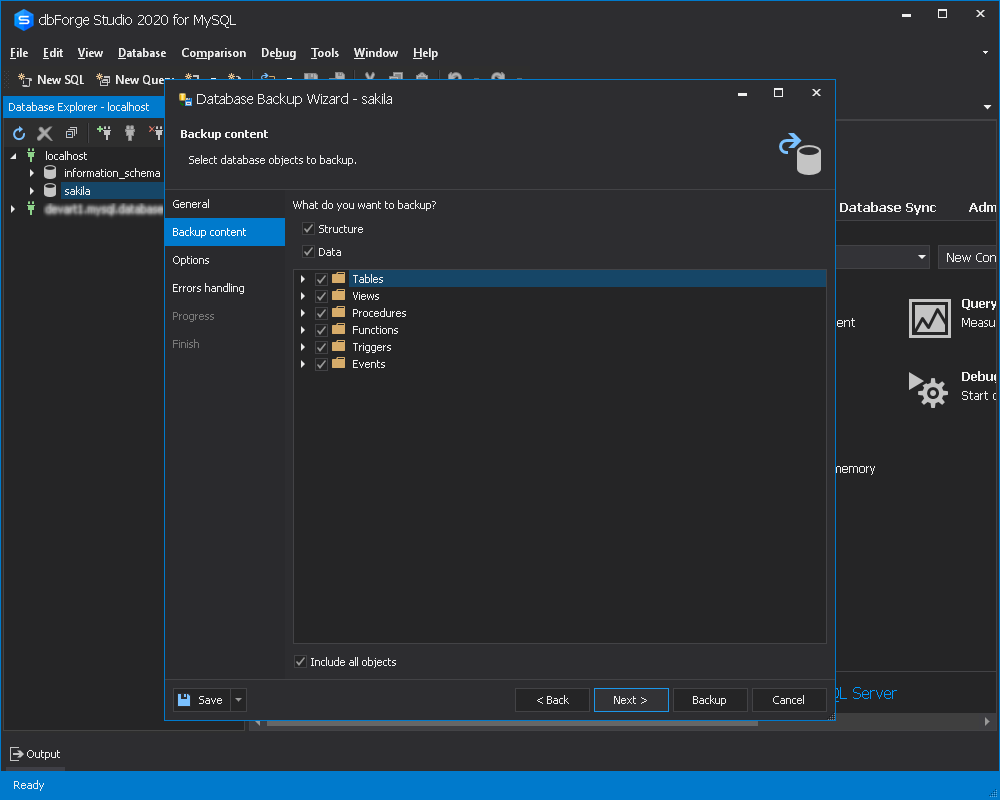 选择备份内容以迁移到Azure MySQL数据库