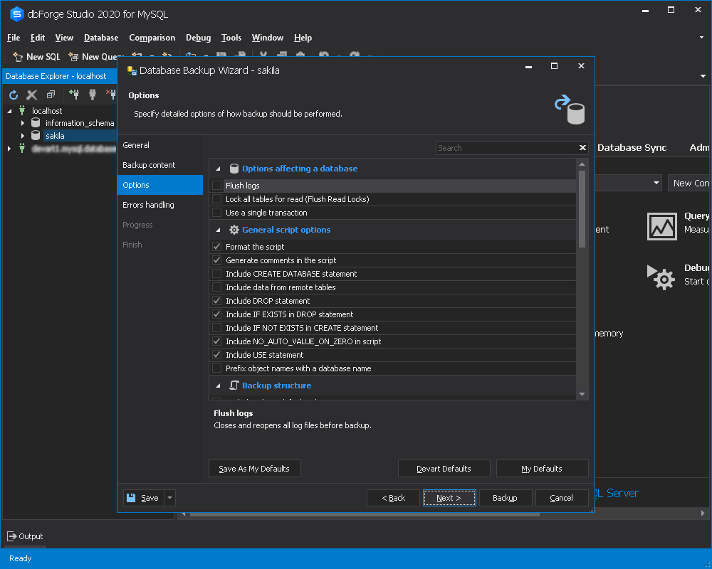 备份选项以将数据库传输到Azure MySQL Server