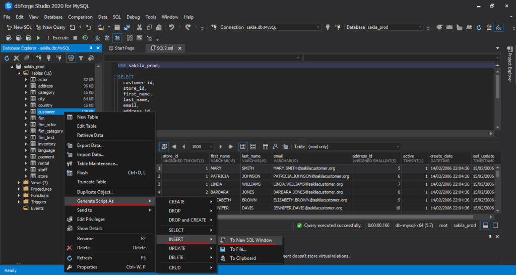 在dbForge Studio for MySQL中将INSERT脚本生成为新的SQL文档