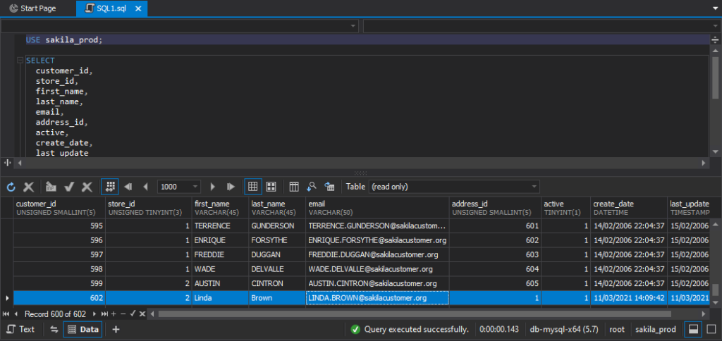 在dbForge Studio for MySQL中使用SELECT语句检索数据时的输出结果
