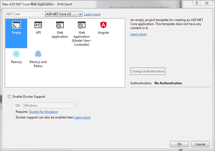 dhtmlxGantt与ASP.NET Core 2创建项目