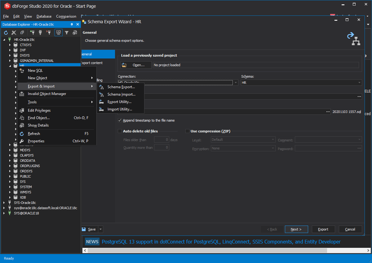 dbForge Studio for Oracle提供了一种简单快捷的方式来导出和导入带有或不带有数据的 Oracle 模式