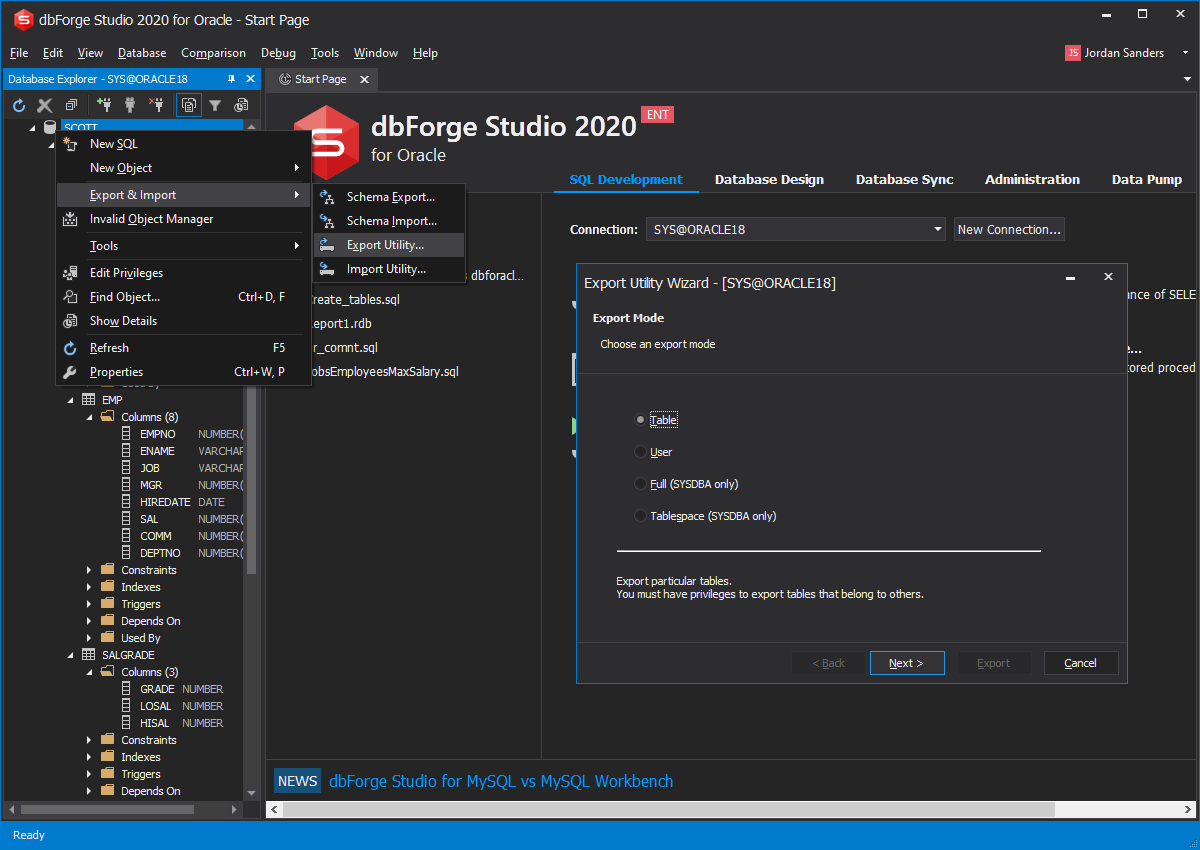 dbForge Studio for Oracle提供了一种简单快捷的方式来导出和导入带有或不带有数据的 Oracle 模式