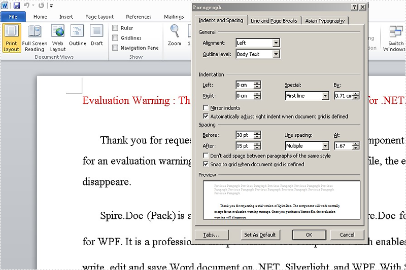 Set Spacing of Paragraphs in word document