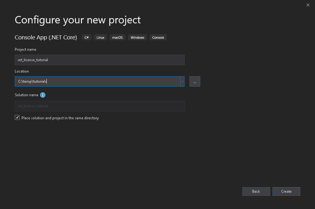 添加 Visual Studio 项目名称和位置