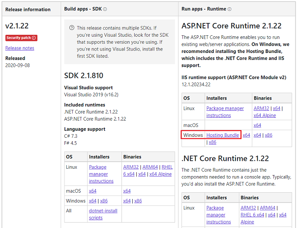 ASP.NET Core 2.1 运行时安装页面