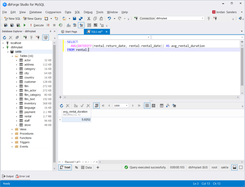 dbForge Studio for MySQL - 运行 ChatGPT 查询以找出平均租用时间