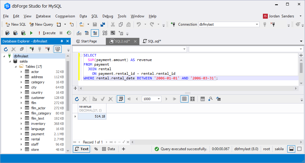 dbForge Studio for MySQL 中的 ChatGPT 查询输出
