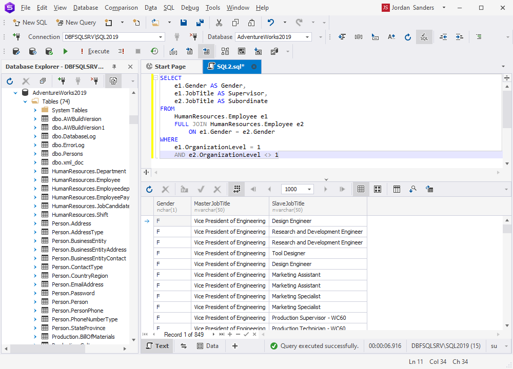 由 ChatGPT 在 dbForge Studio for SQL Server 中创建的 SELF JOIN