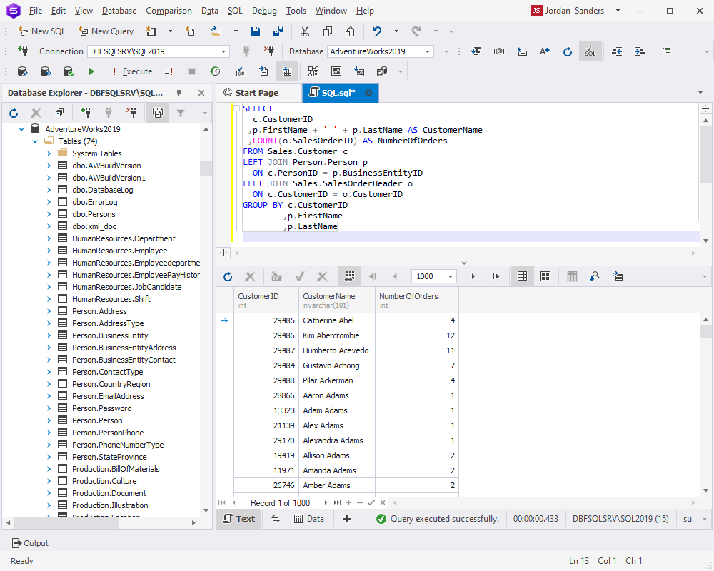 在 dbForge Studio for SQL Server 中运行 ChatGPT 创建的 LEFT JOIN 查询