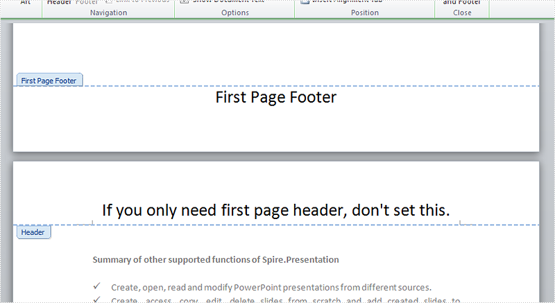 How to add different first page header & footer