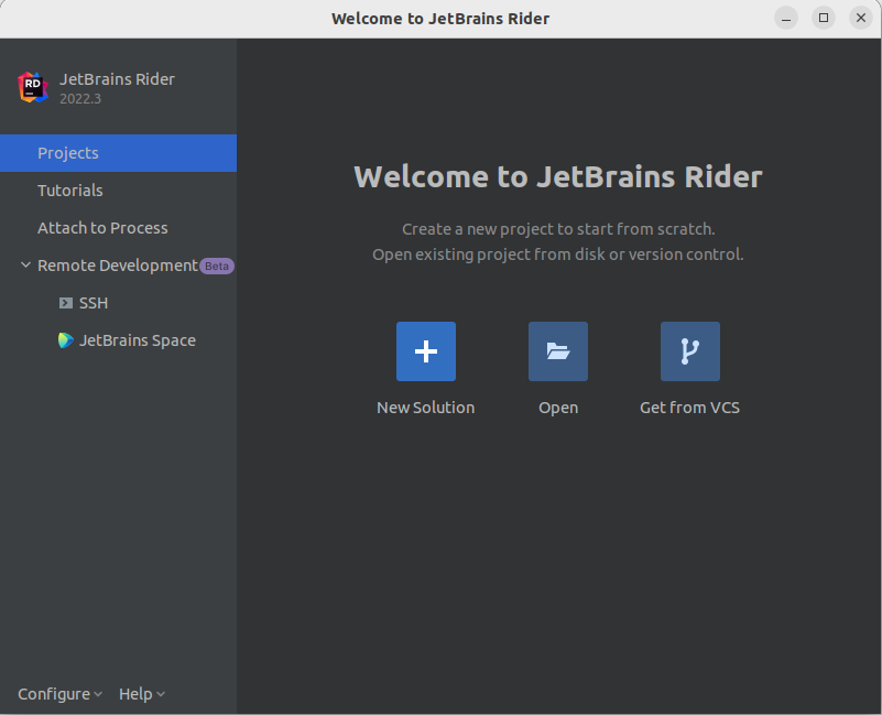 Welcome form of IDE JetBrains Rider