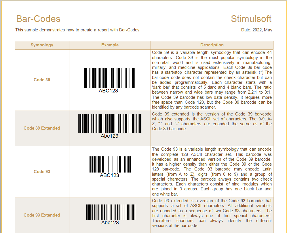 StimulSoft 试用版中内置的带有条形码的报告示例