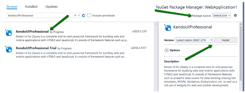 安装“KendoUIProfessionalNuGet”软件包