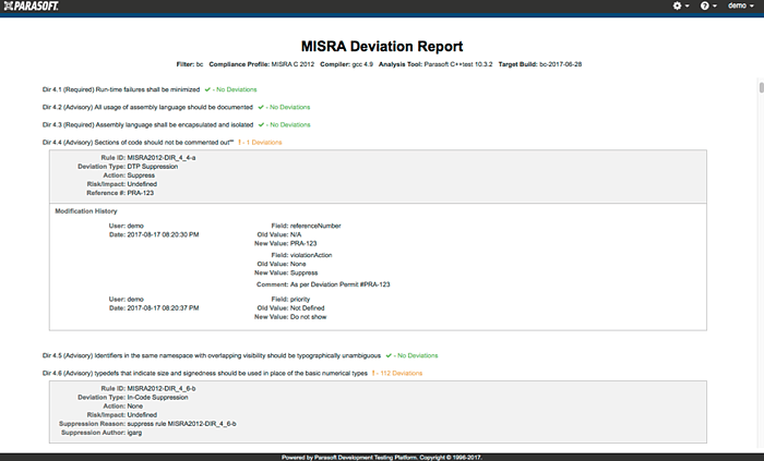 显示 Parasoft MISRA C 偏差报告的屏幕截图