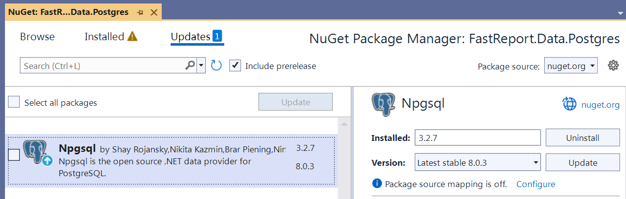 在 Visual Studio 中连接 Npgsql 包