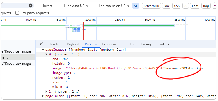 Chrome 开发者工具显示了在 GlyphOutlines 模式下呈现的示例文档的返回页面大小