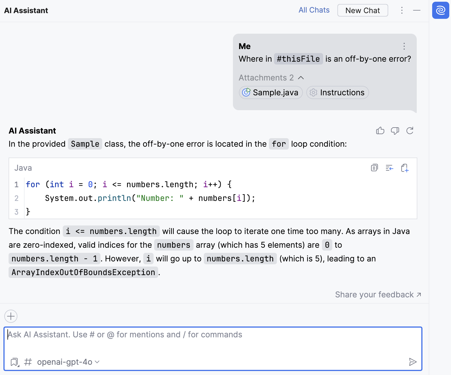 IntelliJ IDEA：询问 AI 助手编程相关问题