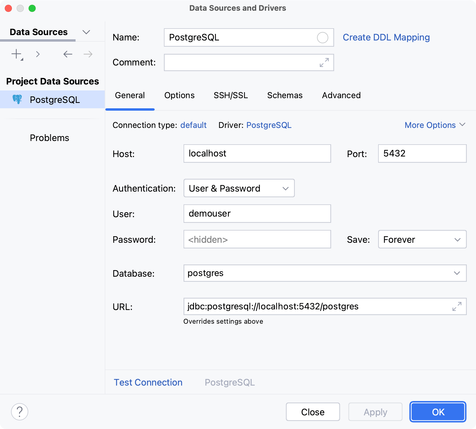 具有 PostgreSQL 数据库连接详细信息的数据源
