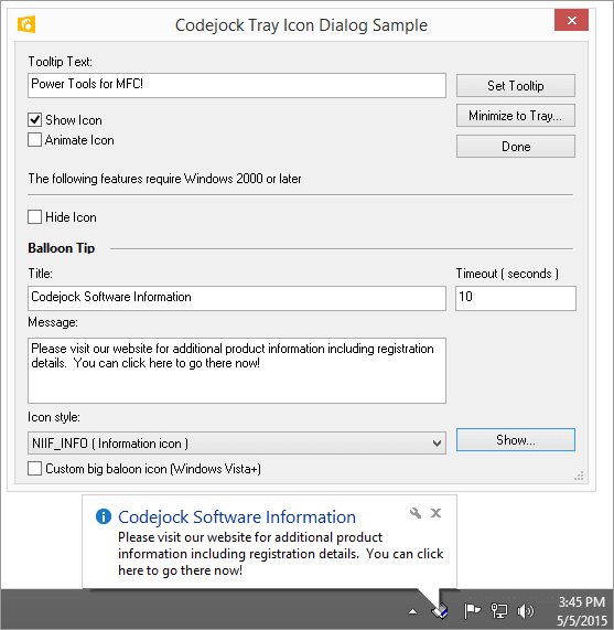 Xtreme Toolkit Pro Controls示例：Tray Icon Dialog