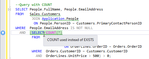 SQL语法提示工具SQL Prompt教程：使用EXISTS或COUNT查找相关行（上）