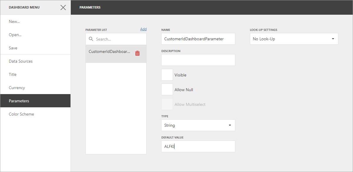 DevExpress ASP.NET Core示例：Dashboard for  - 如何将隐藏的仪表板参数传递给自定义SQL查询