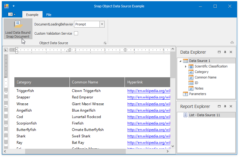 DevExpress WinForms示例：如何驗證包含在Snap文檔中的ObjectDataSource