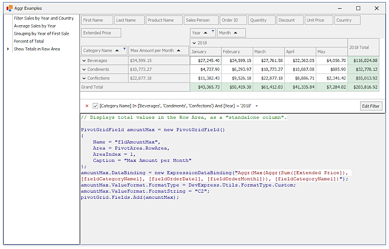 DevExpress WinForms示例：如何在Pivot Grid的字段表達式中使用Aggr函數(shù)