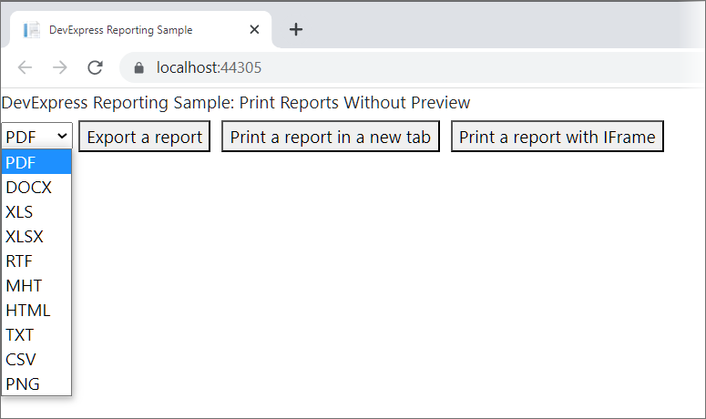 DevExpress ASP.NET Core示例：Reporting for React - 打印和导出而不显示报告