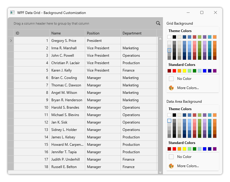 DevExpress WPF示例：Data Grid - 自定義背景顏色