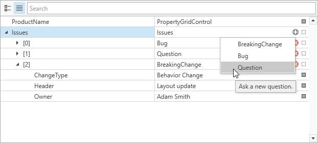 DevExpress WPF示例：Property Grid - 如何在新的項目菜單中顯示工具提示