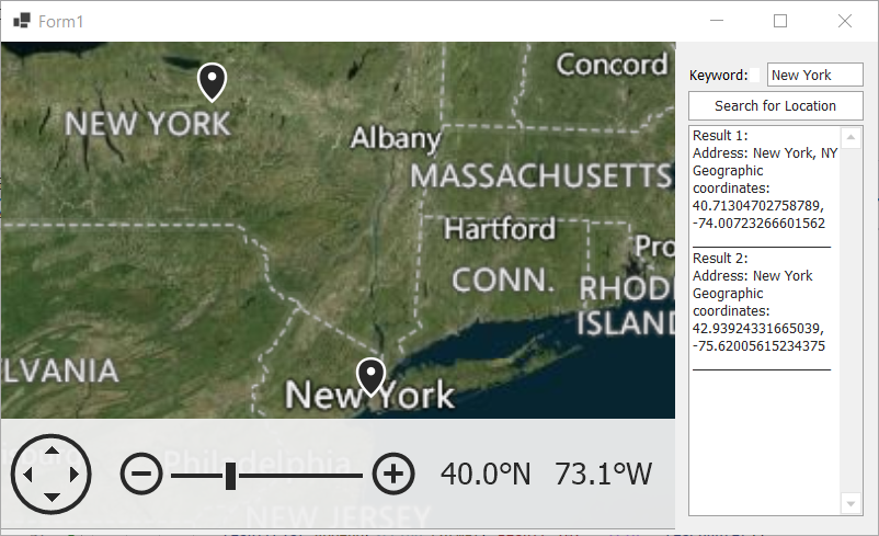 DevExpress WinForms示例：Maps - 使用Microsoft Azure地图搜索服务创建自定义搜索面板