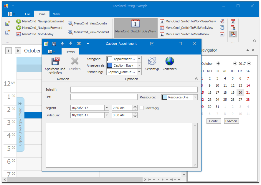 DevExpress WinForms示例：Scheduler -使用Localizer对象本地化UI