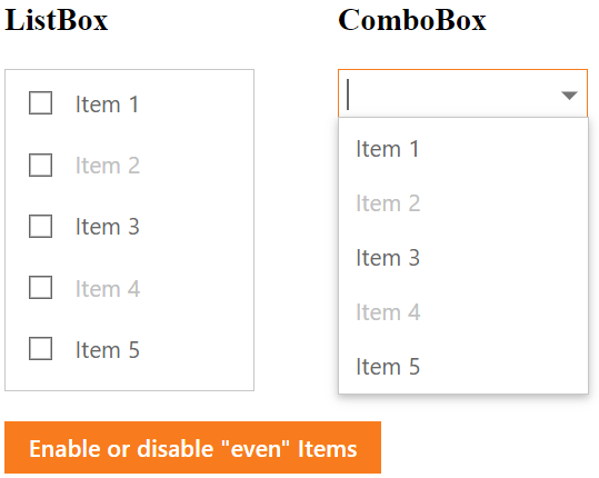 DevExpress ASP.NET Web Forms示例：List Box & Combo Box - 如何启用或禁用项目