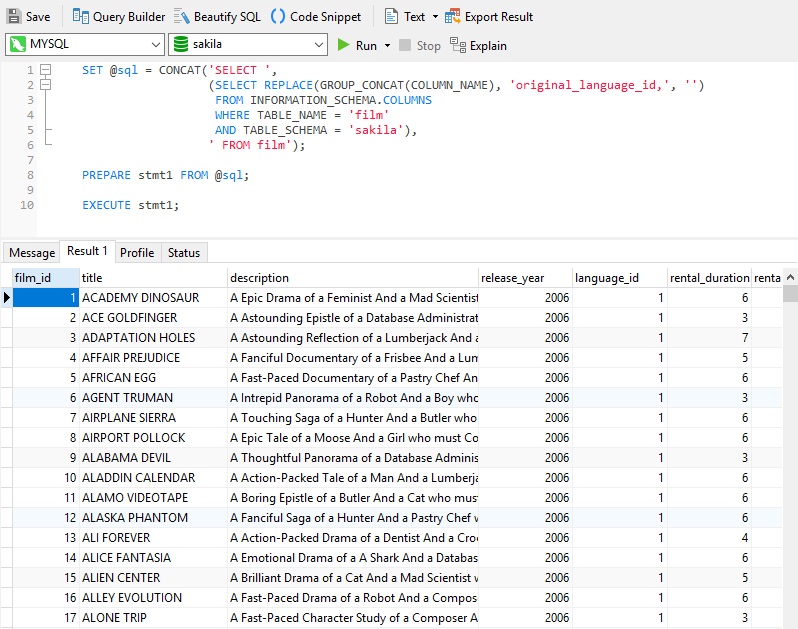 Navicat Tutorial: How to choose MySQL in all columns except one outside