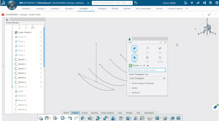 SOLIDWORKS xDesign中的曲面建模步骤示例：铁铲