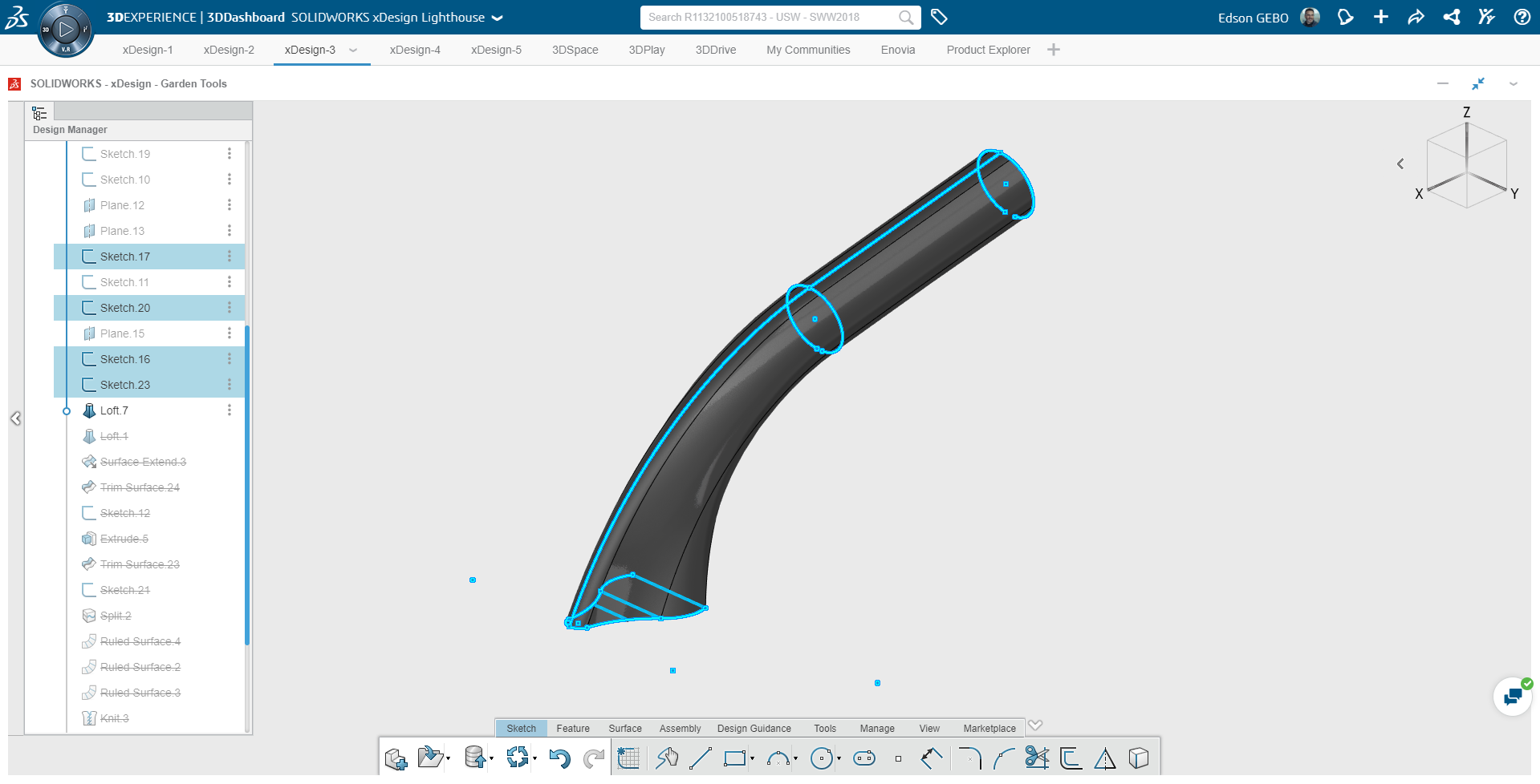 SOLIDWORKS xDesign中的曲面建模步骤示例：铁铲