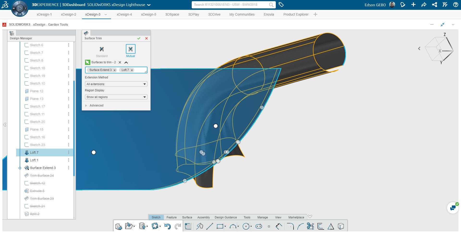 SOLIDWORKS xDesign中的曲面建模步骤示例：铁铲